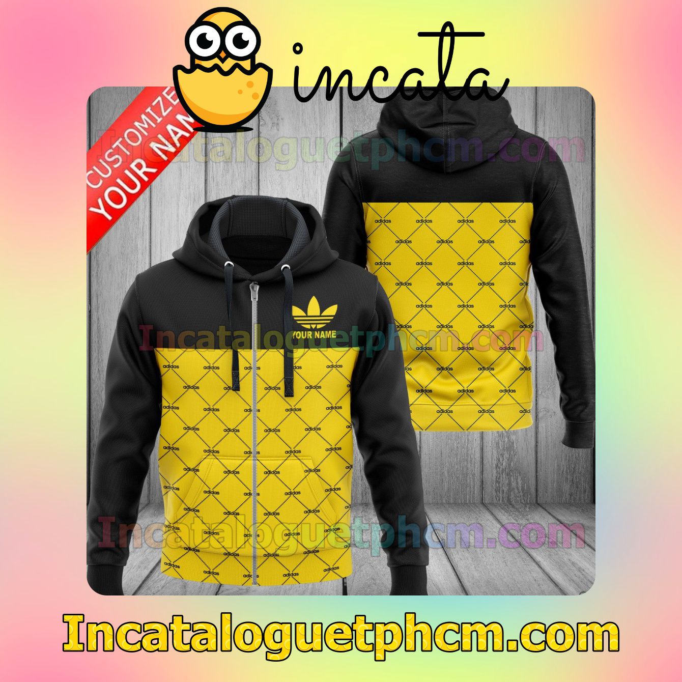 Adidas Linear Graphic Black And Yellow Long Sleeve Jacket Mens Hoodie