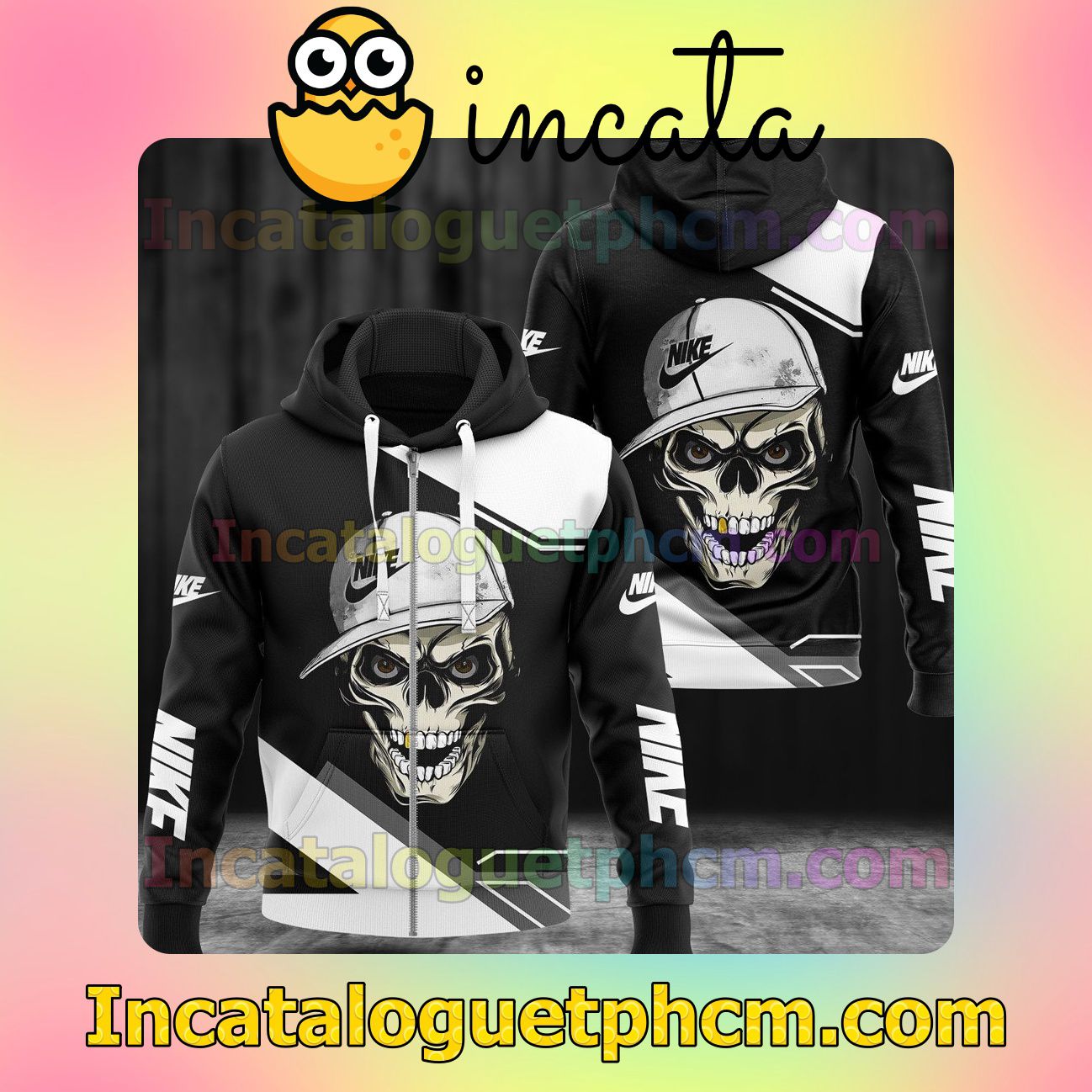 Adidas Skull Wearing Hat Black And White Long Sleeve Jacket Mens Hoodie