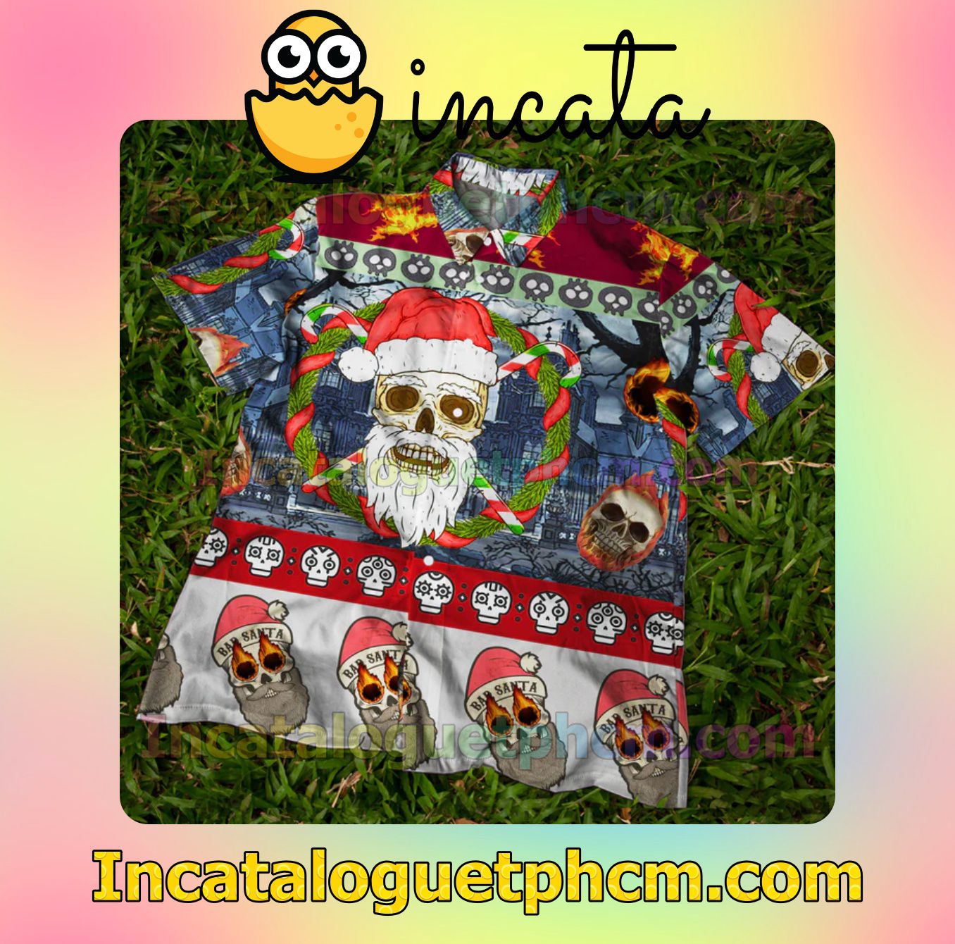 Bad Santa Skull Christmas Xmas Men Short Sleeve Shirt