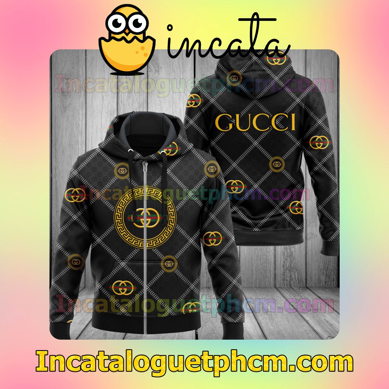 Gucci Greek Key Logo Diagonal Square Long Sleeve Jacket Mens Hoodie