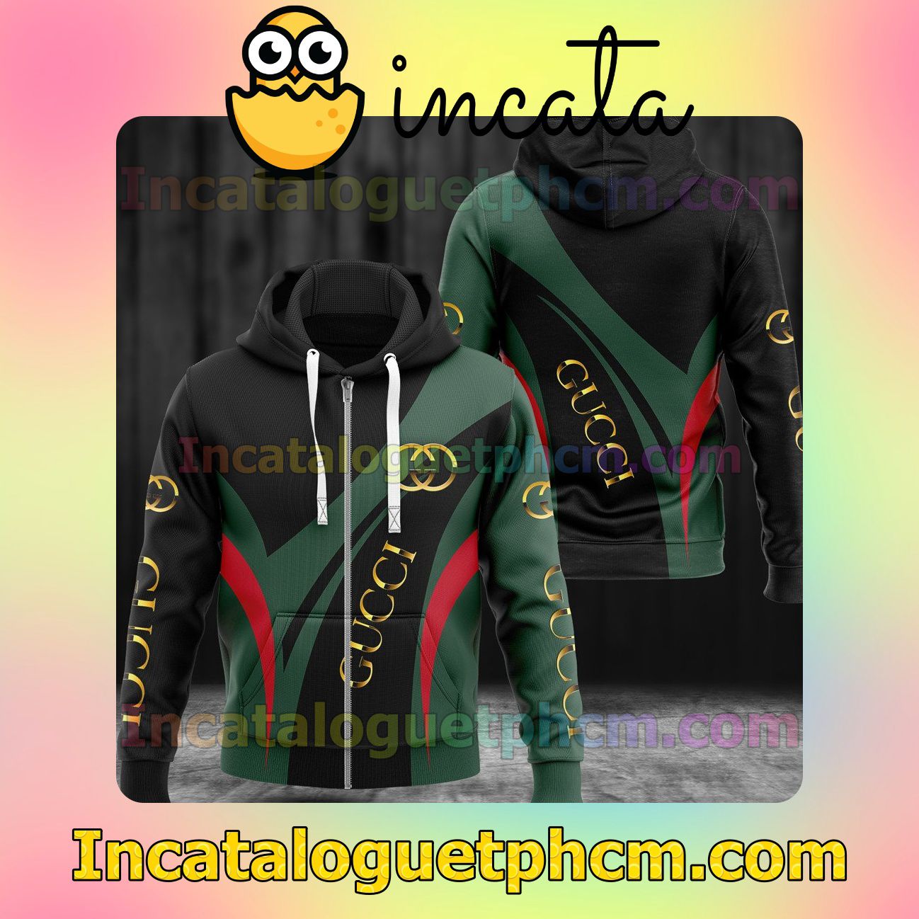 Gucci Luxury Black Mix Red And Green Curves Long Sleeve Jacket Mens Hoodie