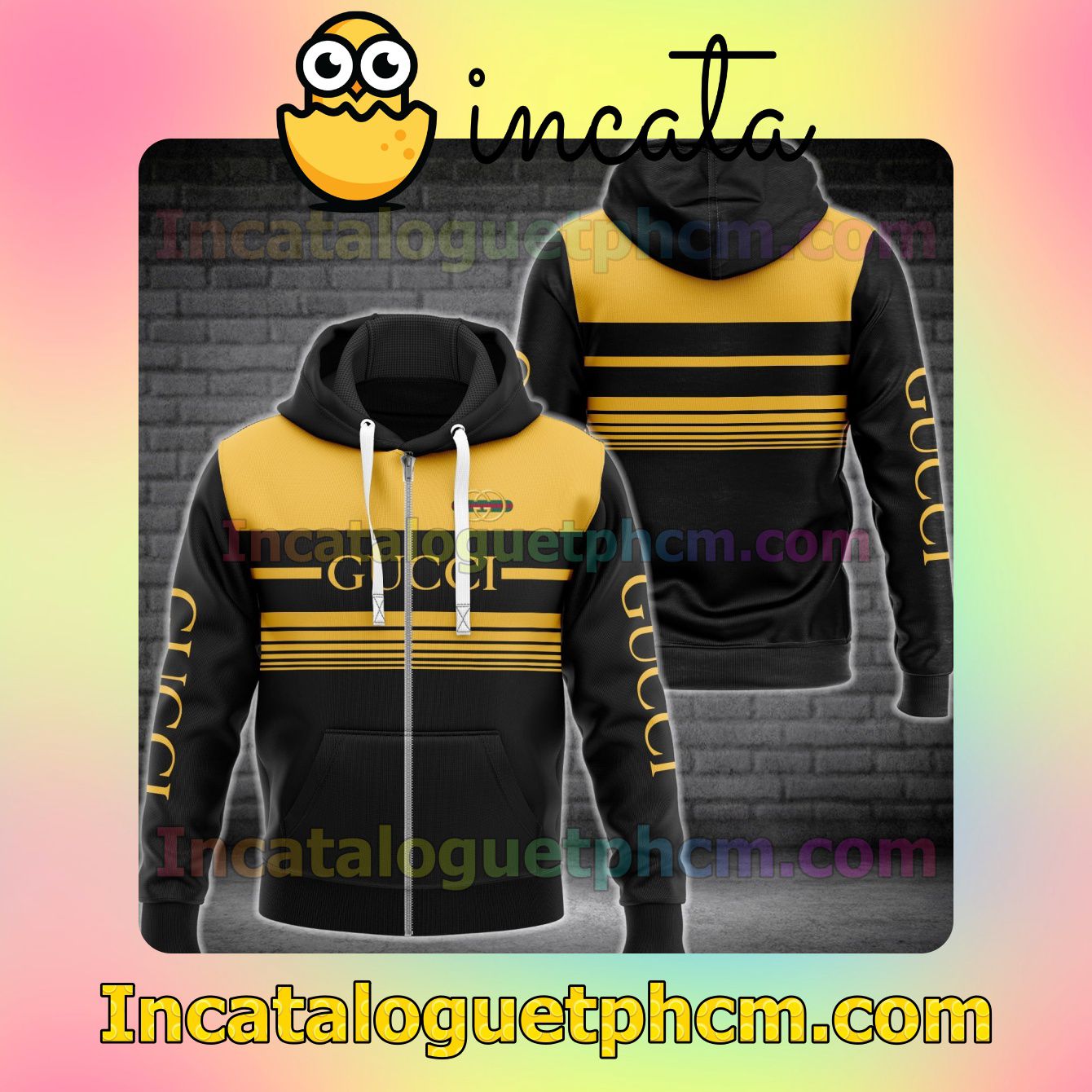 Gucci Luxury Black With Yellow Horizontal Stripes Long Sleeve Jacket Mens Hoodie