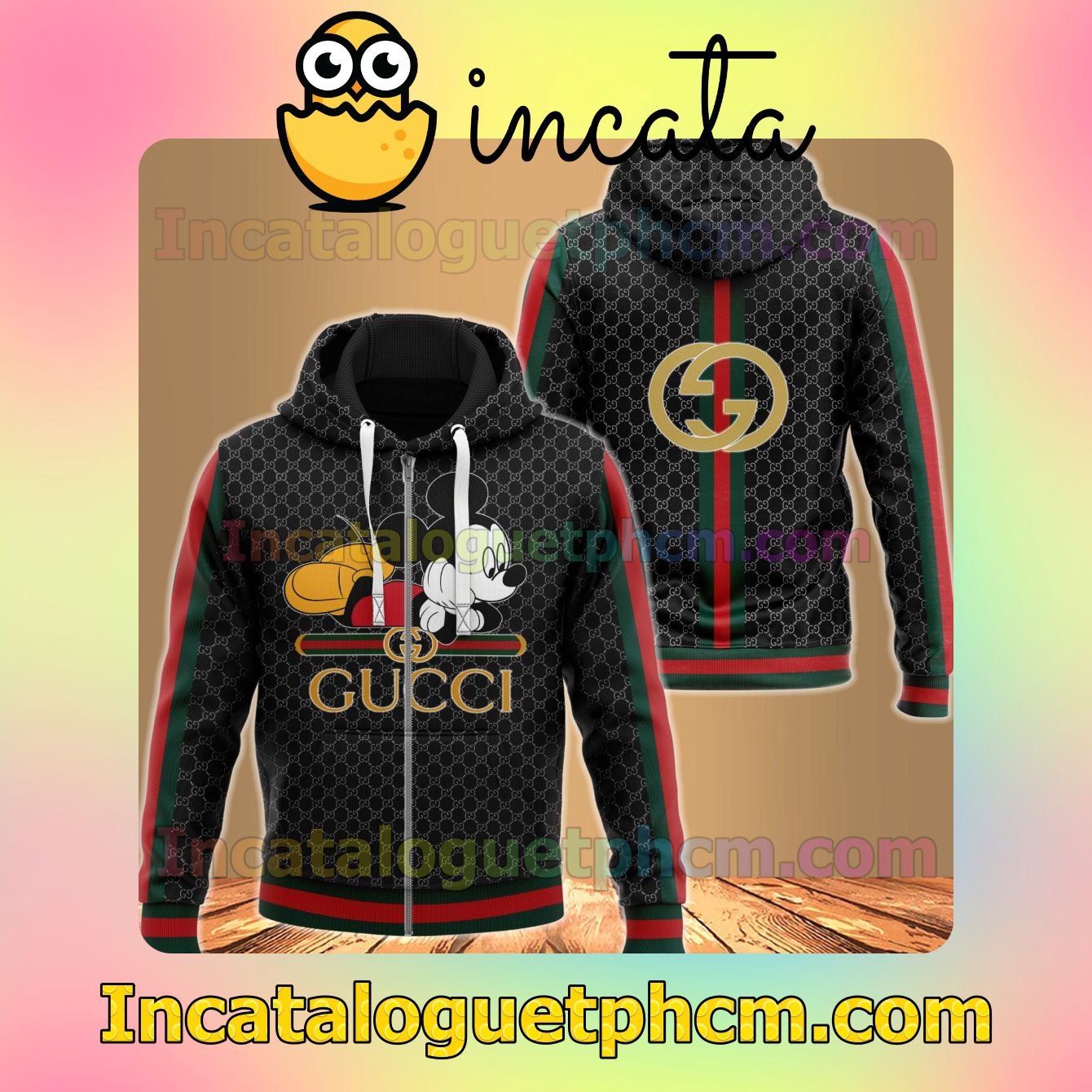 Gucci Mickey Mouse Black Monogram With Red Green Stripes Long Sleeve Jacket Mens Hoodie