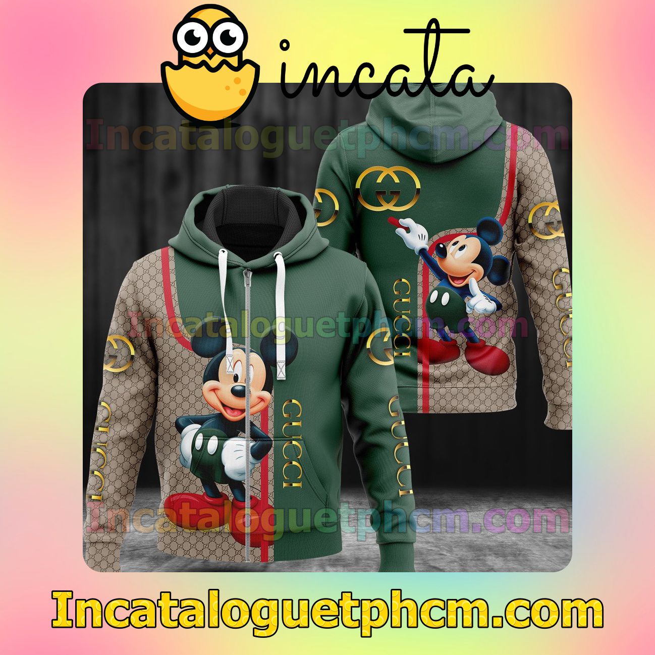 Gucci Mickey Mouse Monogram Mix Green Long Sleeve Jacket Mens Hoodie