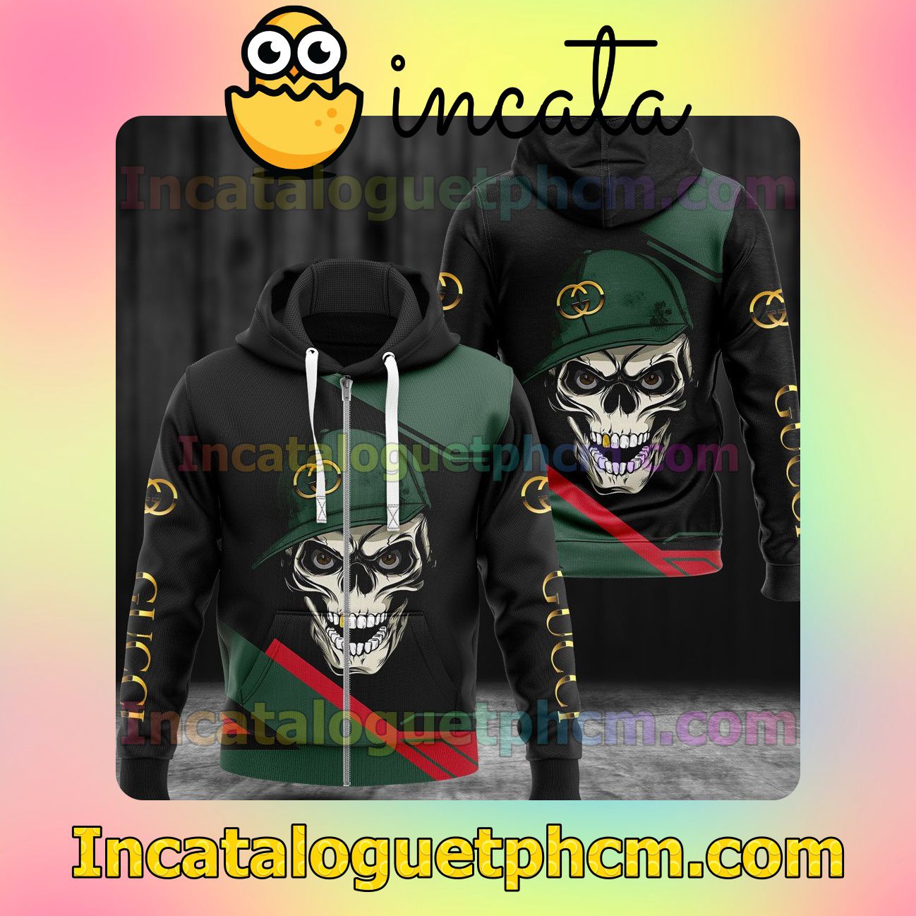 Gucci Skull Wearing Hat Black And Green Long Sleeve Jacket Mens Hoodie