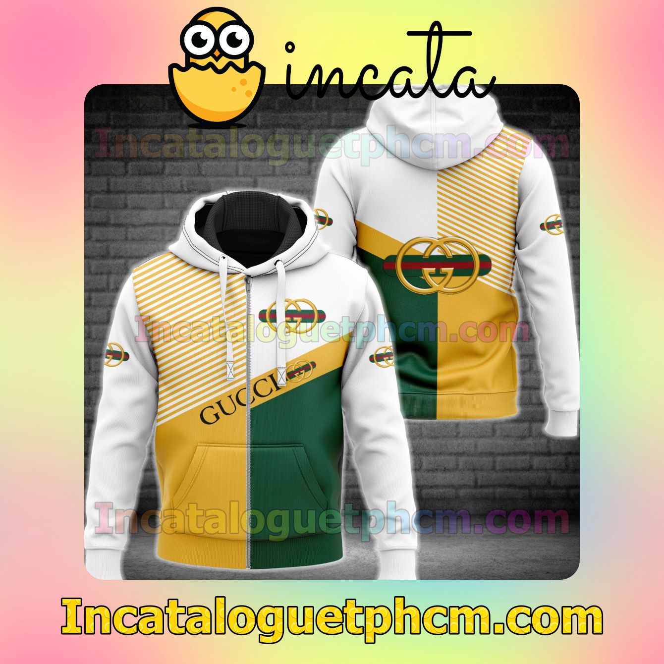 Gucci Stripe Logo White Mix Green And Yellow Long Sleeve Jacket Mens Hoodie