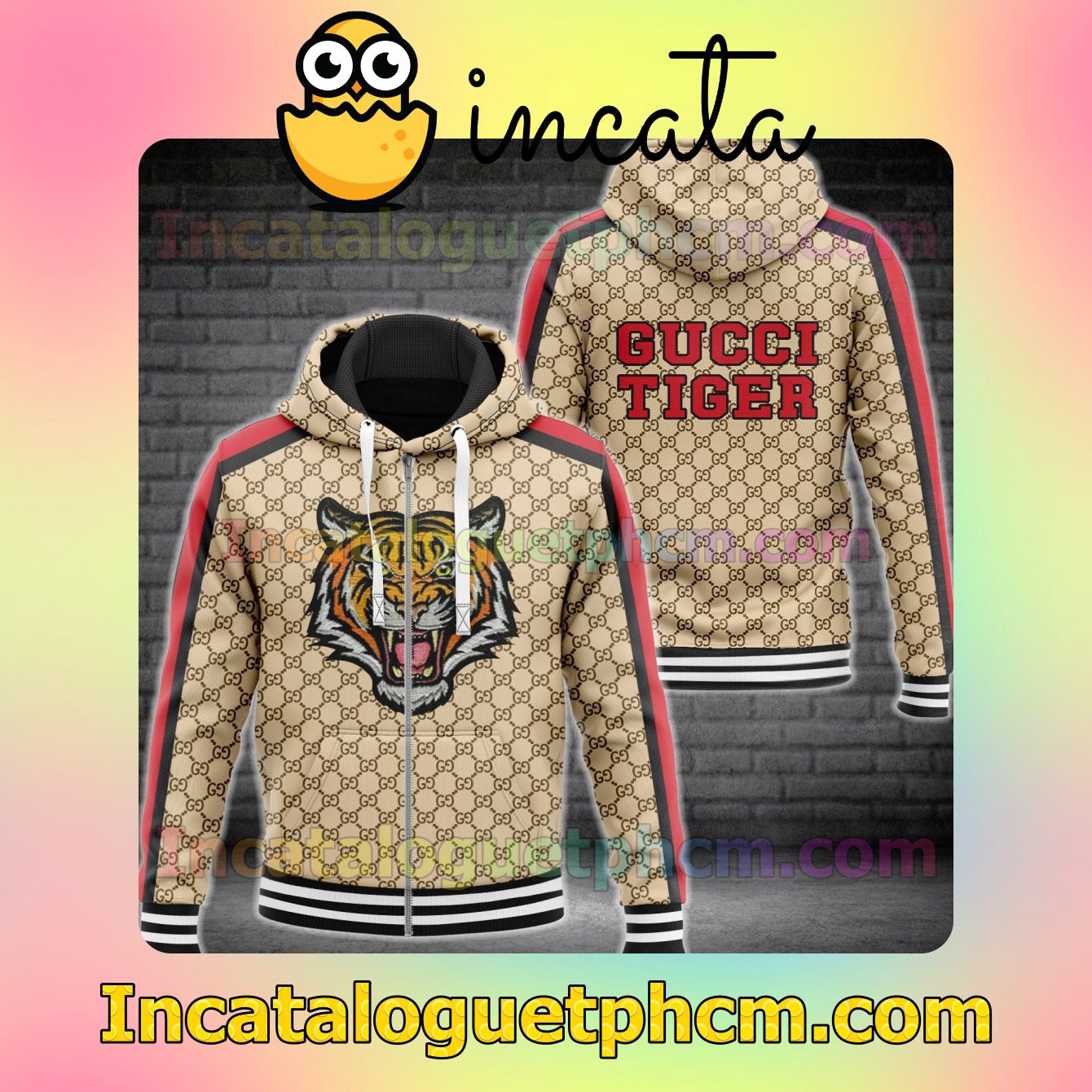 Gucci Tiger Monogram With Color Stripes Long Sleeve Jacket Mens Hoodie