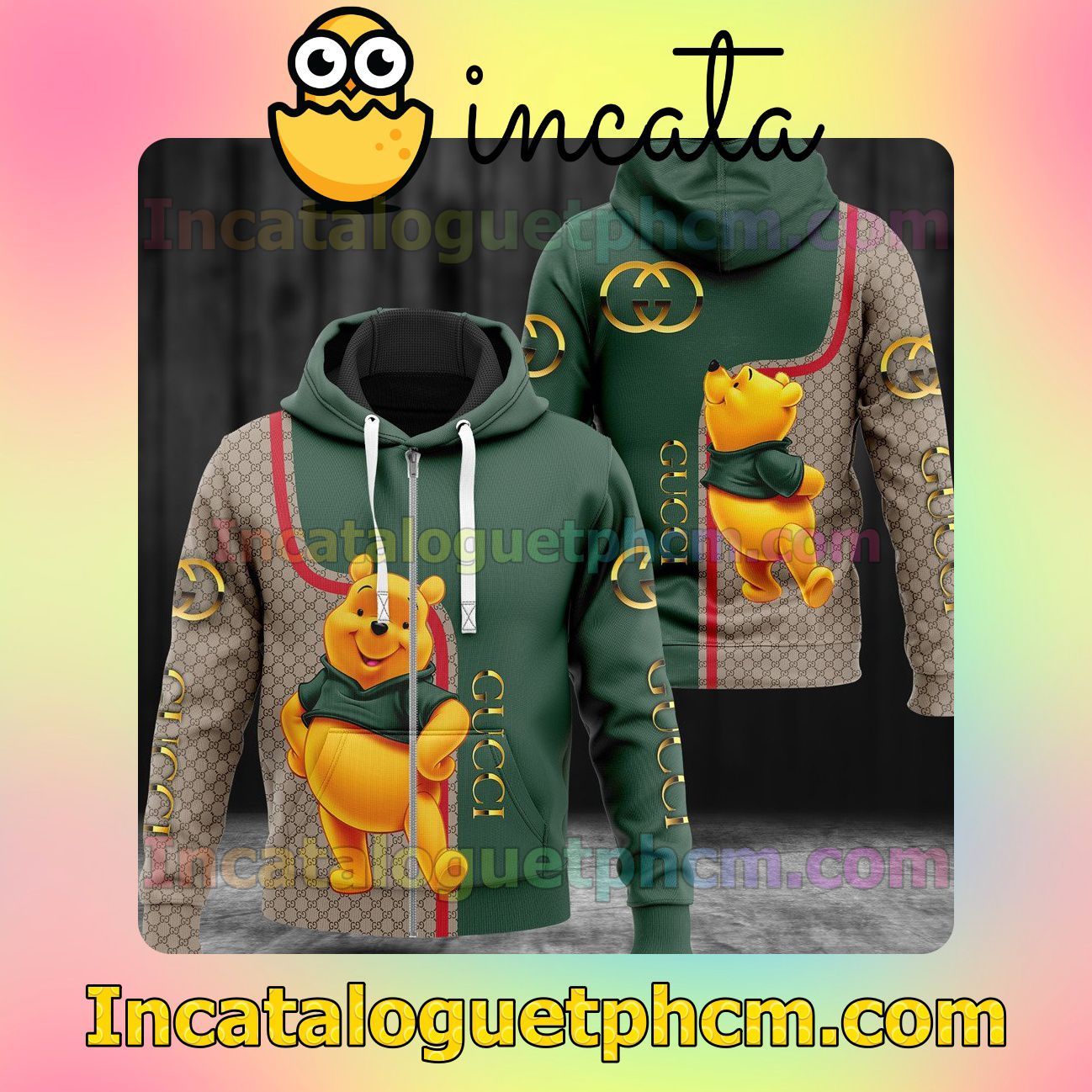 Gucci Winnie The Pooh Monogram Mix Green Long Sleeve Jacket Mens Hoodie