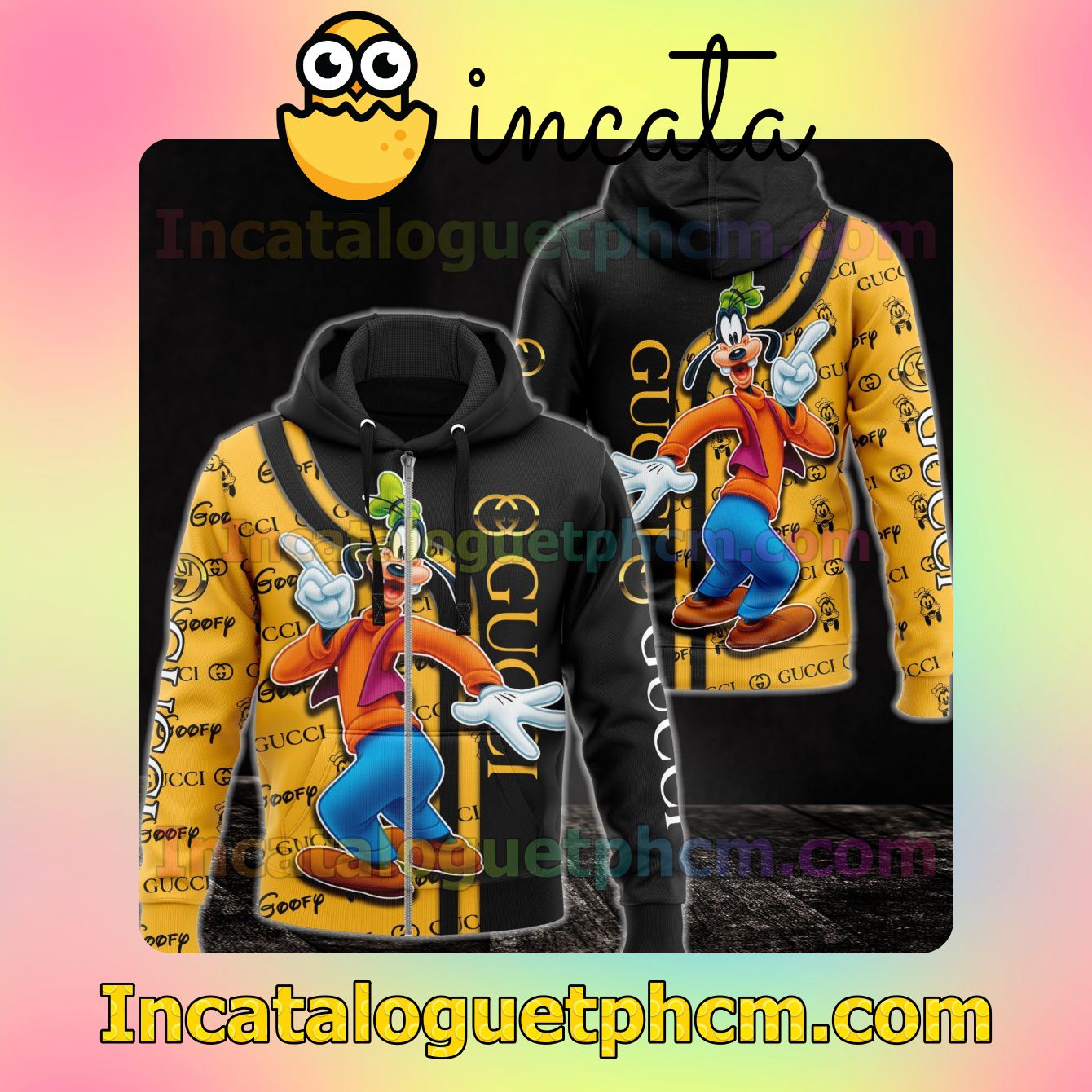 Gucci With Goofy Black And Yellow Long Sleeve Jacket Mens Hoodie