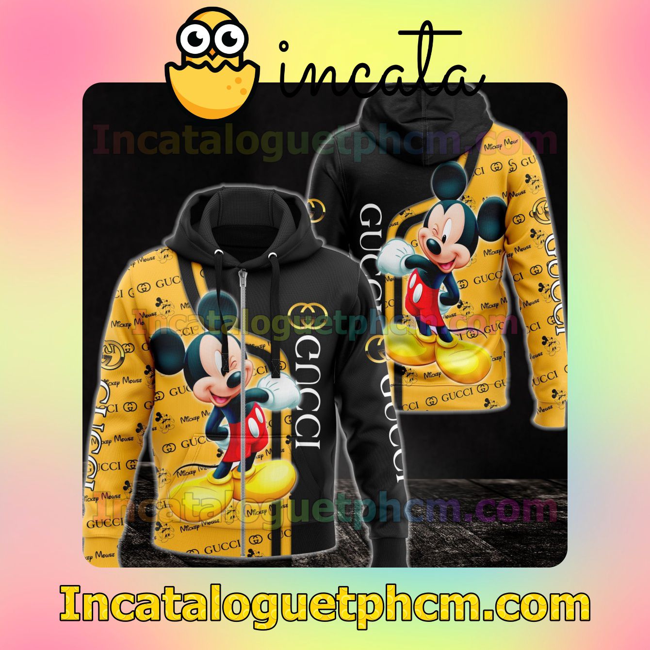 Gucci With Mickey Mouse Black And Yellow Long Sleeve Jacket Mens Hoodie