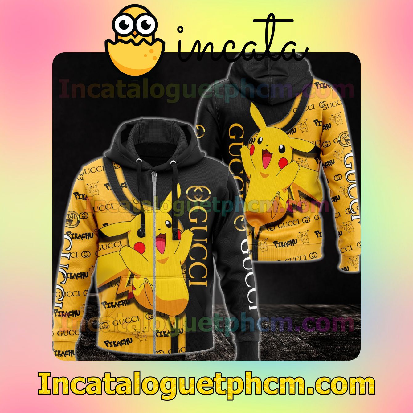 Gucci With Pikachu Black And Yellow Long Sleeve Jacket Mens Hoodie