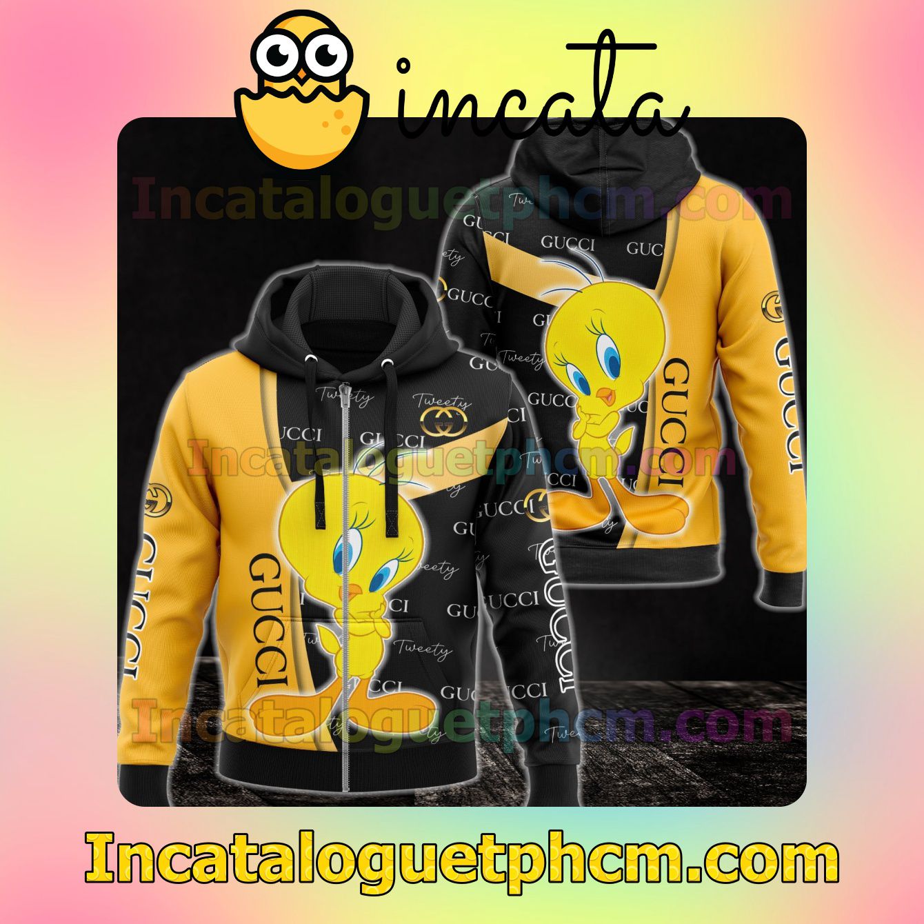 Gucci With Tweety Bird Black And Yellow Long Sleeve Jacket Mens Hoodie