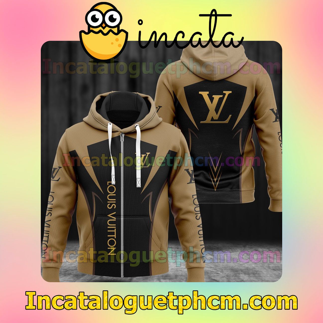 Louis Vuitton Luxury Brand Light Brown And Black Long Sleeve Jacket Mens Hoodie