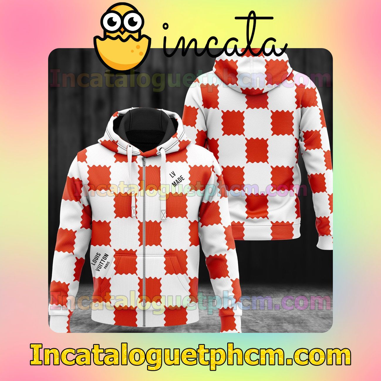 Print On Demand Louis Vuitton Paris Lv Made Red White Checkered Long Sleeve Jacket Mens Hoodie