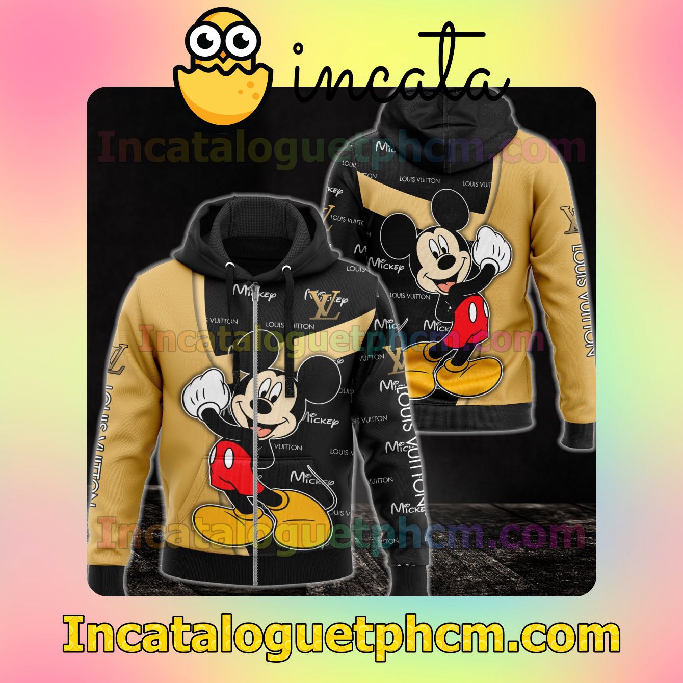 Only For Fan Louis Vuitton With Mickey Mouse Black And Brown Long Sleeve Jacket Mens Hoodie