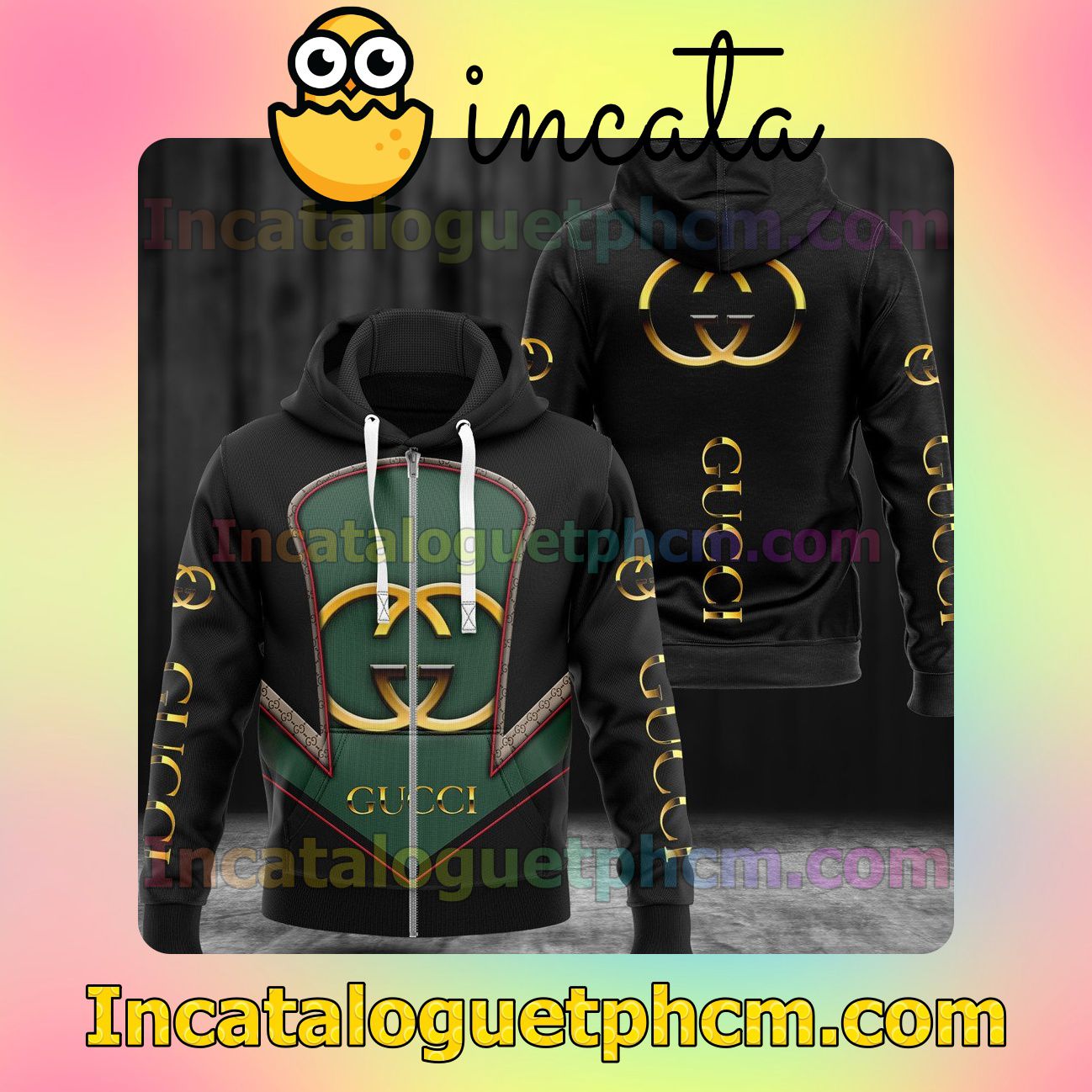 Luxury Gucci With Logo Center Black Long Sleeve Jacket Mens Hoodie