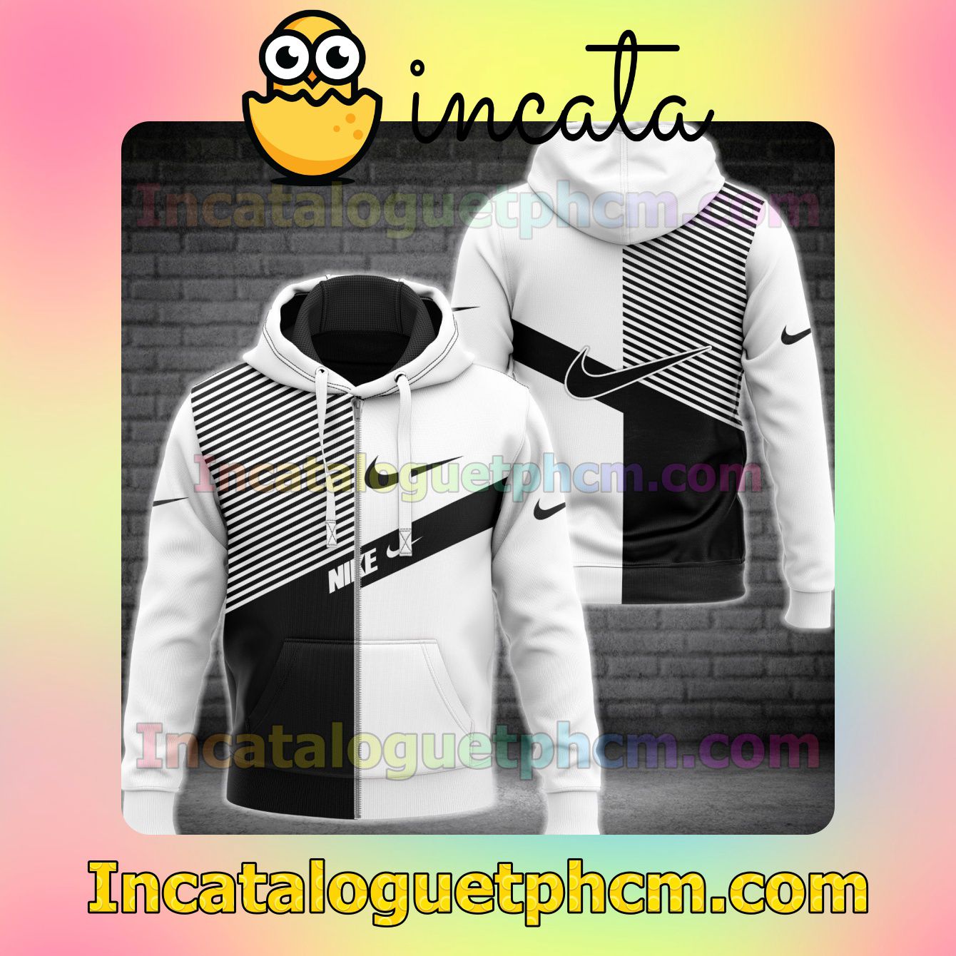 Only For Fan Nike Black And White With Diagonal Stripes Long Sleeve Jacket Mens Hoodie
