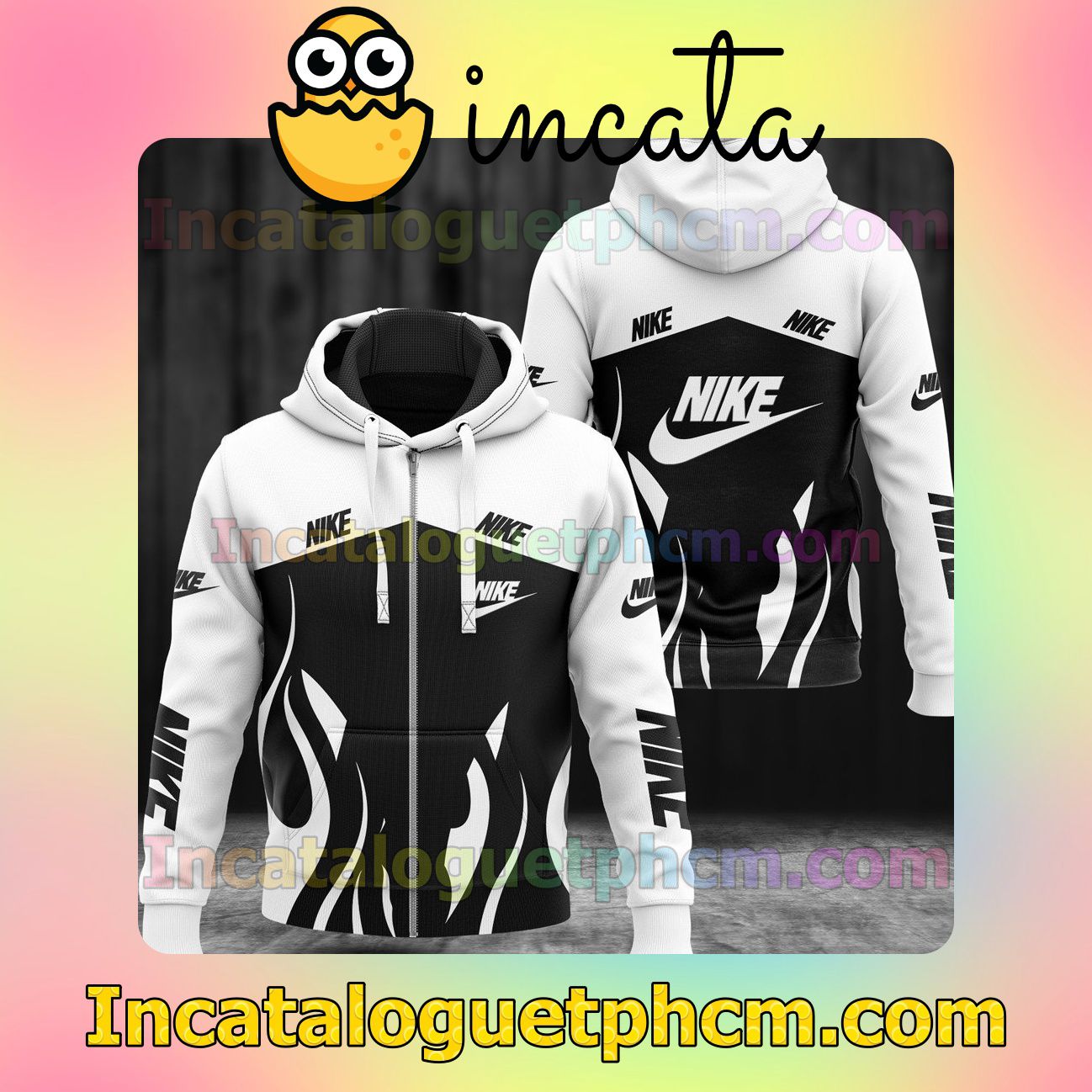 Excellent Nike Fire Pattern Black And White Long Sleeve Jacket Mens Hoodie