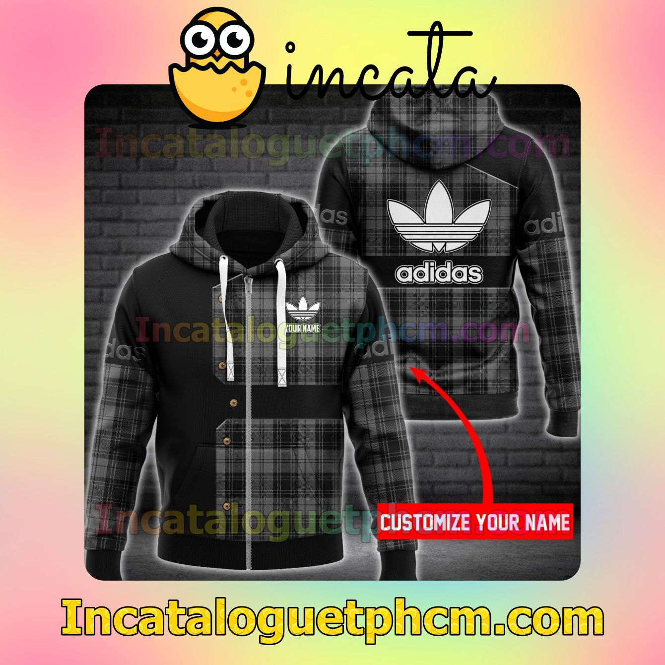 Personalized Adidas Black Mix Plaid Long Sleeve Jacket Mens Hoodie