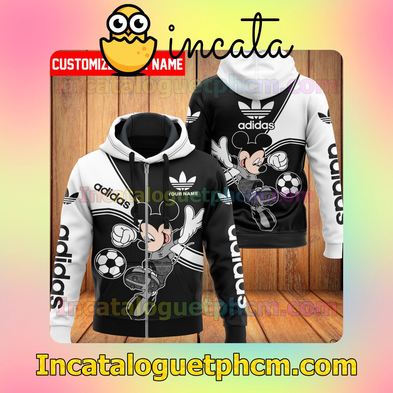 Personalized Adidas Mickey Mouse Playing Soccer Long Sleeve Jacket Mens Hoodie
