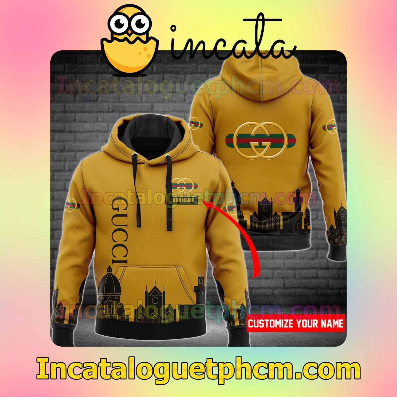 Personalized Gucci City Skyline Silhouette Yellow Long Sleeve Jacket Mens Hoodie