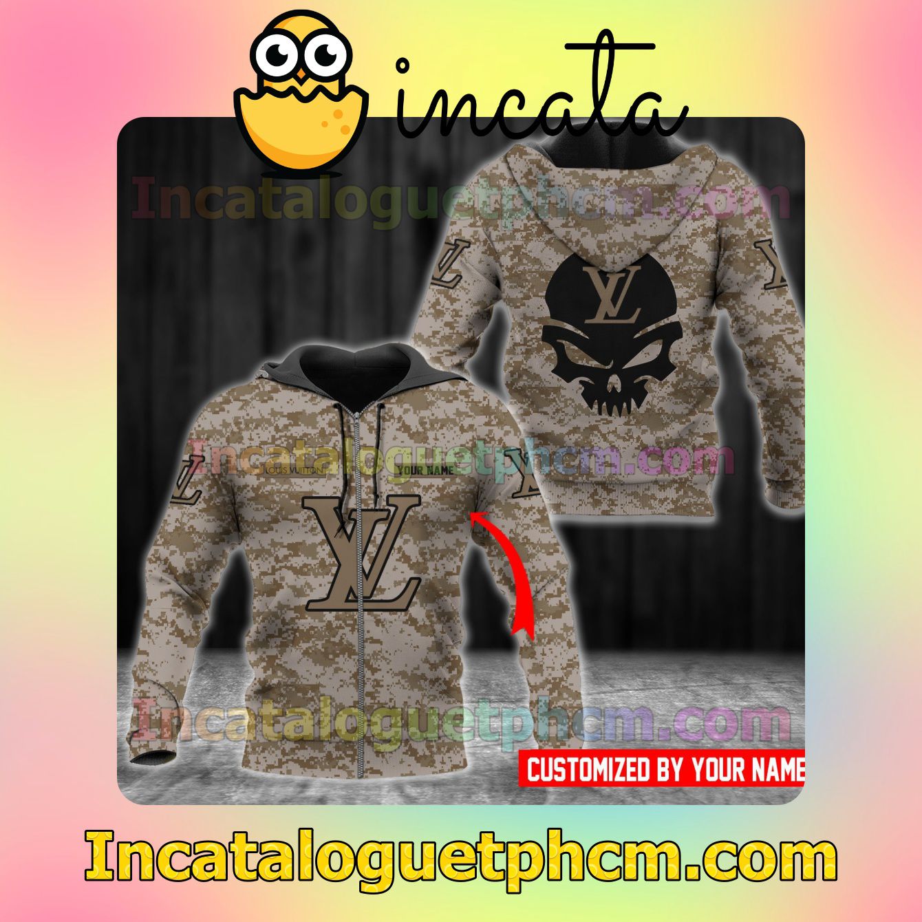 Personalized Louis Vuitton Camouflage Skull Long Sleeve Jacket Mens Hoodie