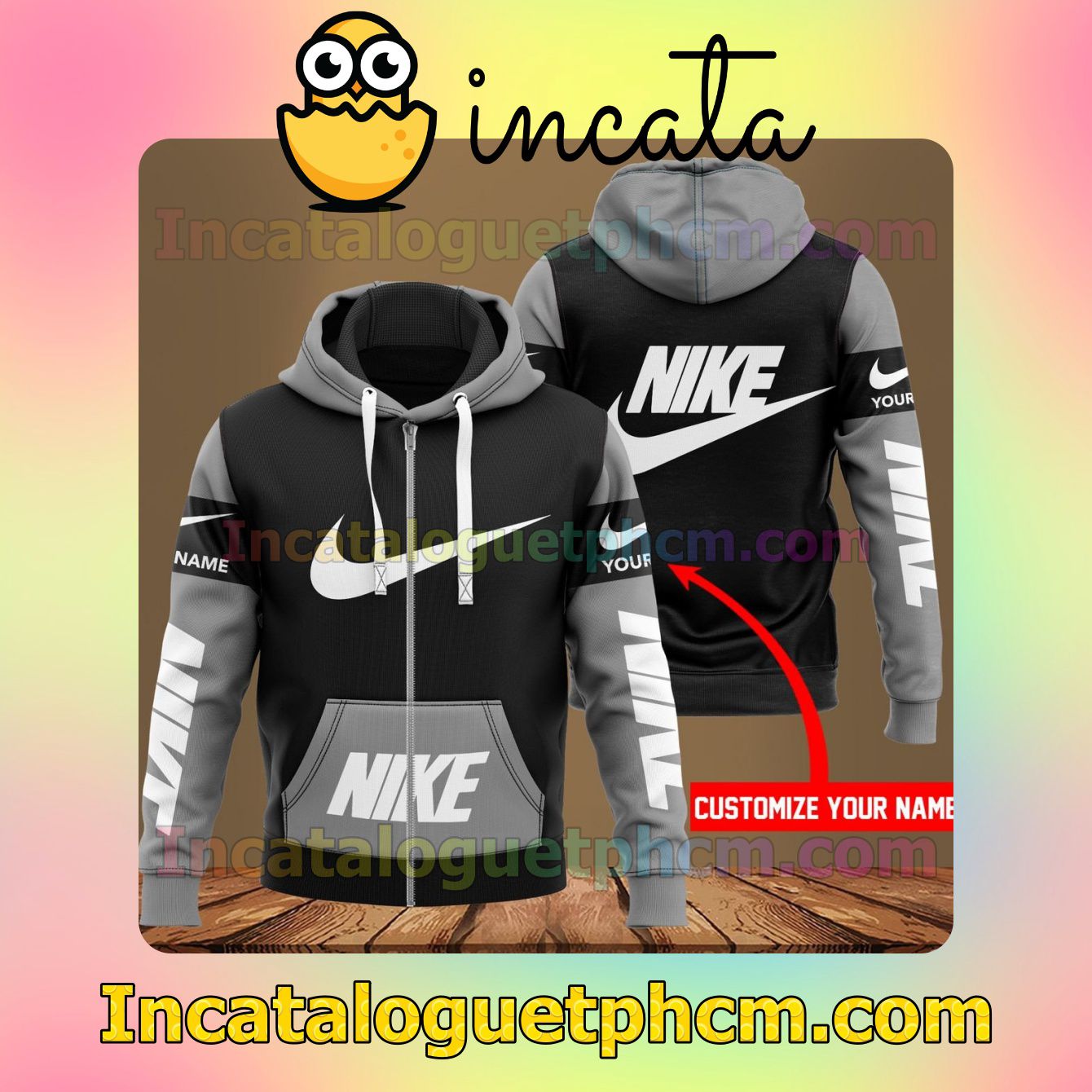 Personalized Nike Black And Grey Long Sleeve Jacket Mens Hoodie