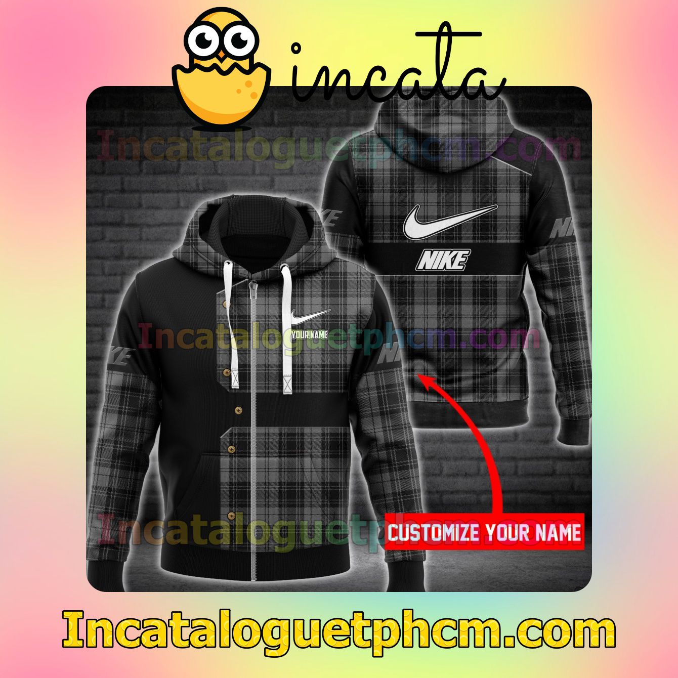 Personalized Nike Black Mix Plaid Long Sleeve Jacket Mens Hoodie