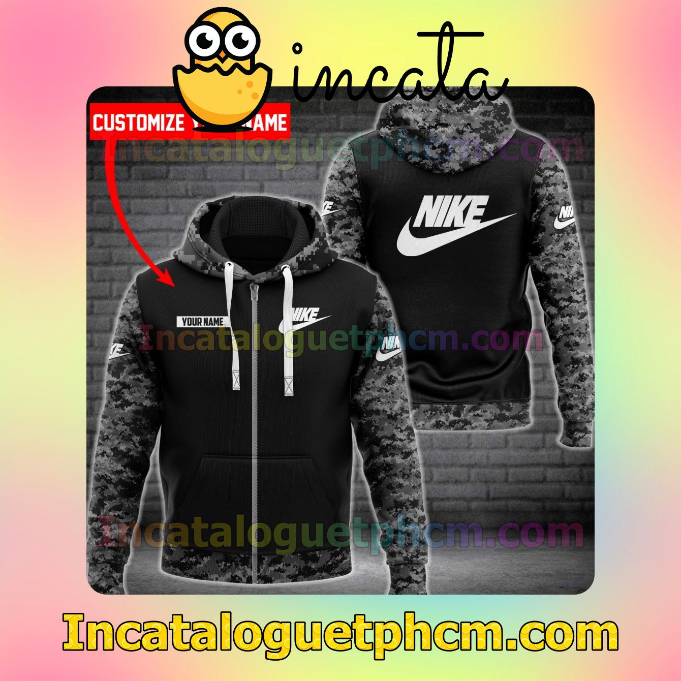 Personalized Nike Black With Grey Camouflage Long Sleeve Jacket Mens Hoodie