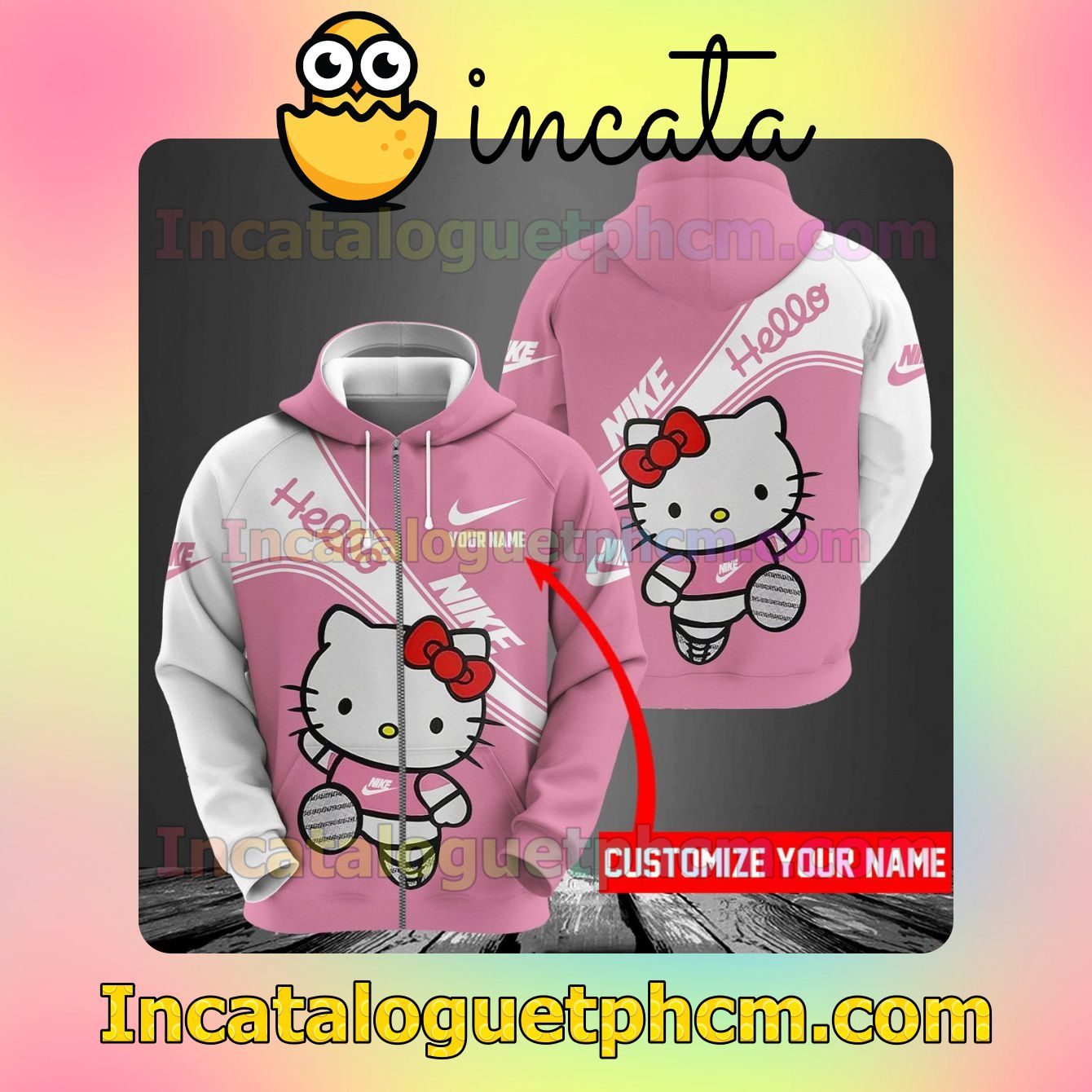 Personalized Nike Hello Kitty Pink White Long Sleeve Jacket Mens Hoodie