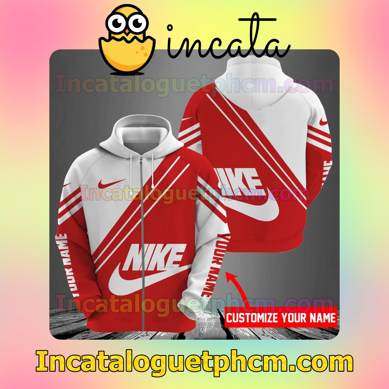 Personalized Nike Red And White Long Sleeve Jacket Mens Hoodie