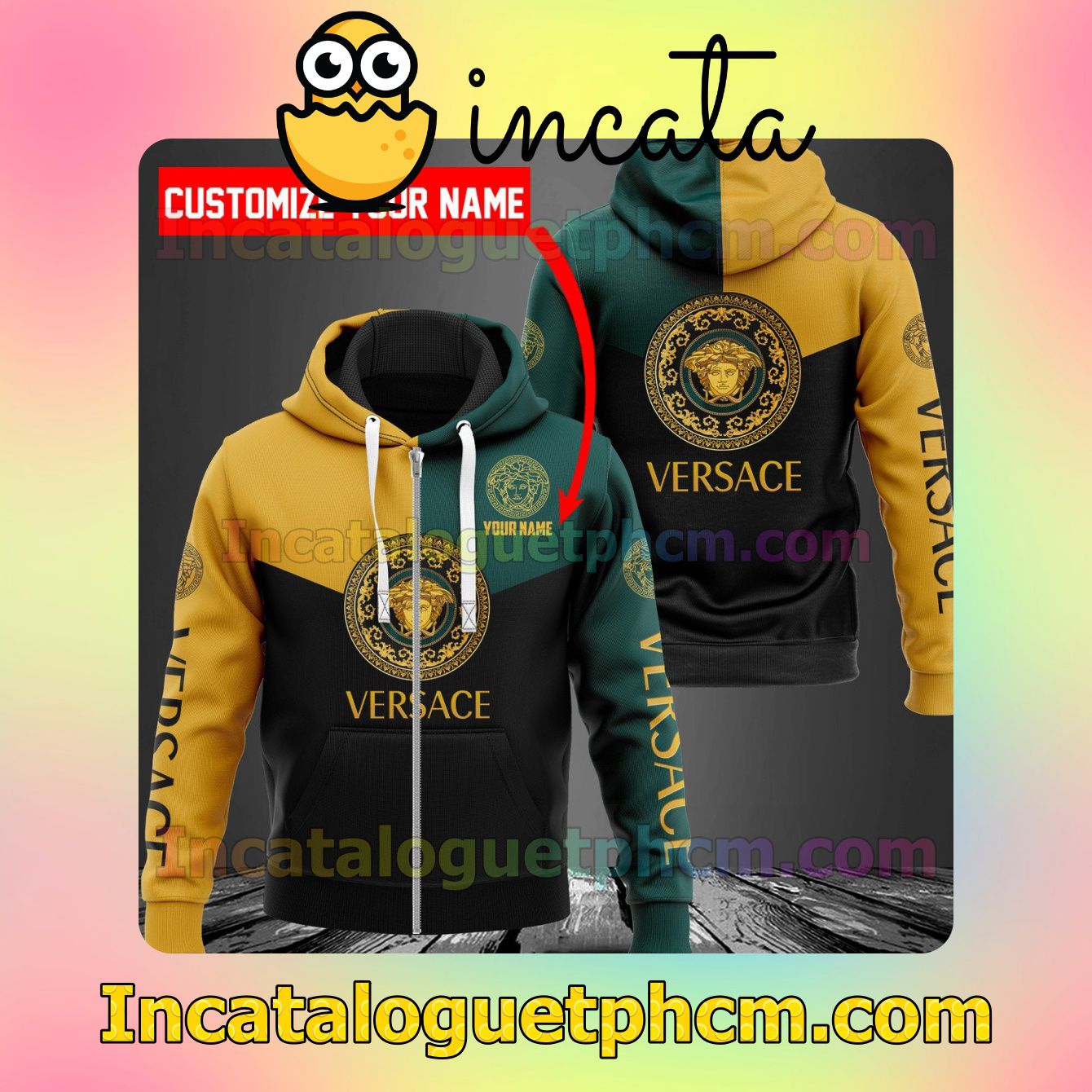 Personalized Versace Mix Color Green Yellow And Black Long Sleeve Jacket Mens Hoodie