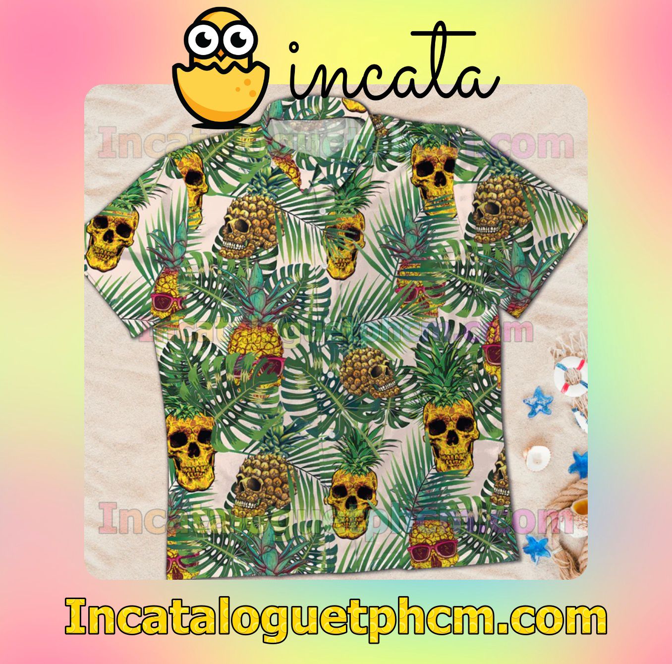 Very Good Quality Pineapple Golden Sugar Skull Men Short Sleeve Shirt