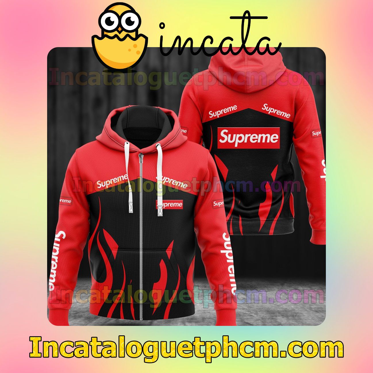 Funny Tee Supreme Fire Pattern Black And Red Long Sleeve Jacket Mens Hoodie