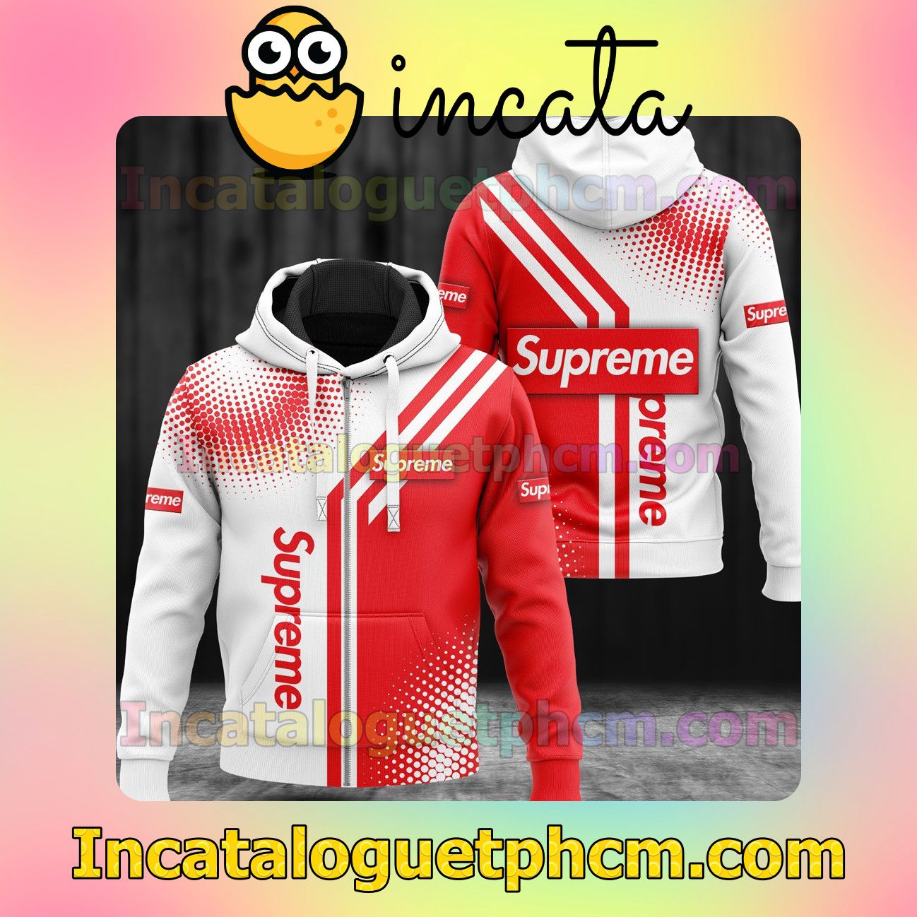 Review Supreme Halftone Abstract Red And White Circle Long Sleeve Jacket Mens Hoodie