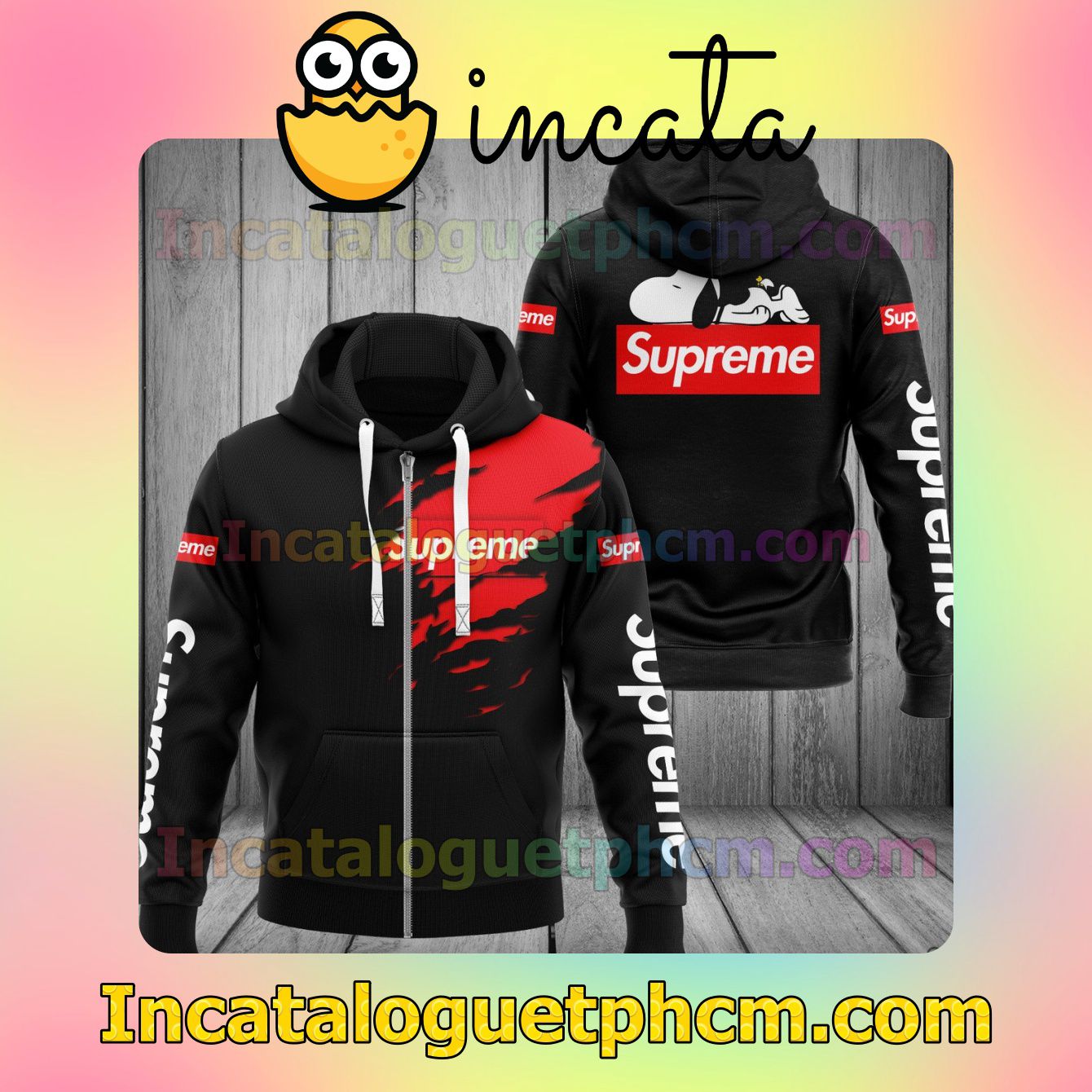Discount Supreme Logo Torn Ripped Black Long Sleeve Jacket Mens Hoodie