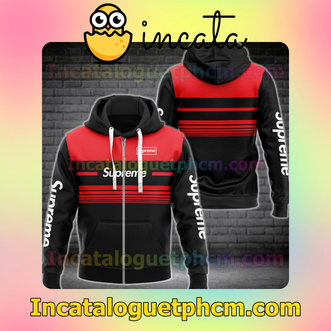 Supreme Luxury Black With Red Horizontal Stripes Long Sleeve Jacket Mens Hoodie