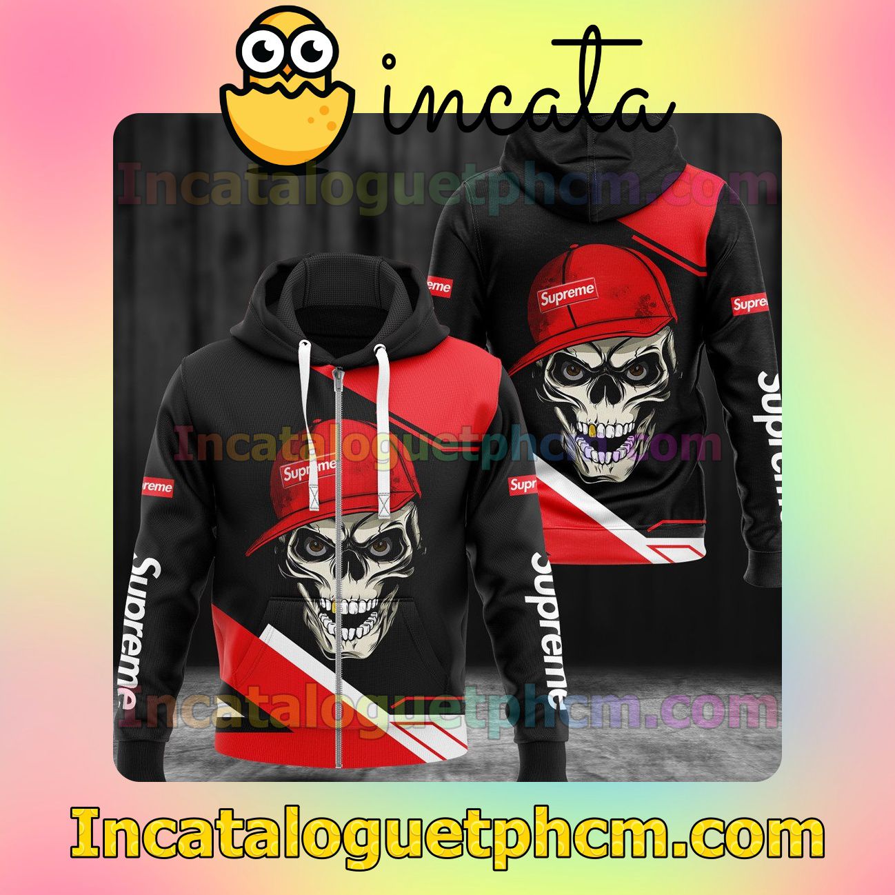 Buy In US Supreme Skull Wearing Hat Black And Red Long Sleeve Jacket Mens Hoodie