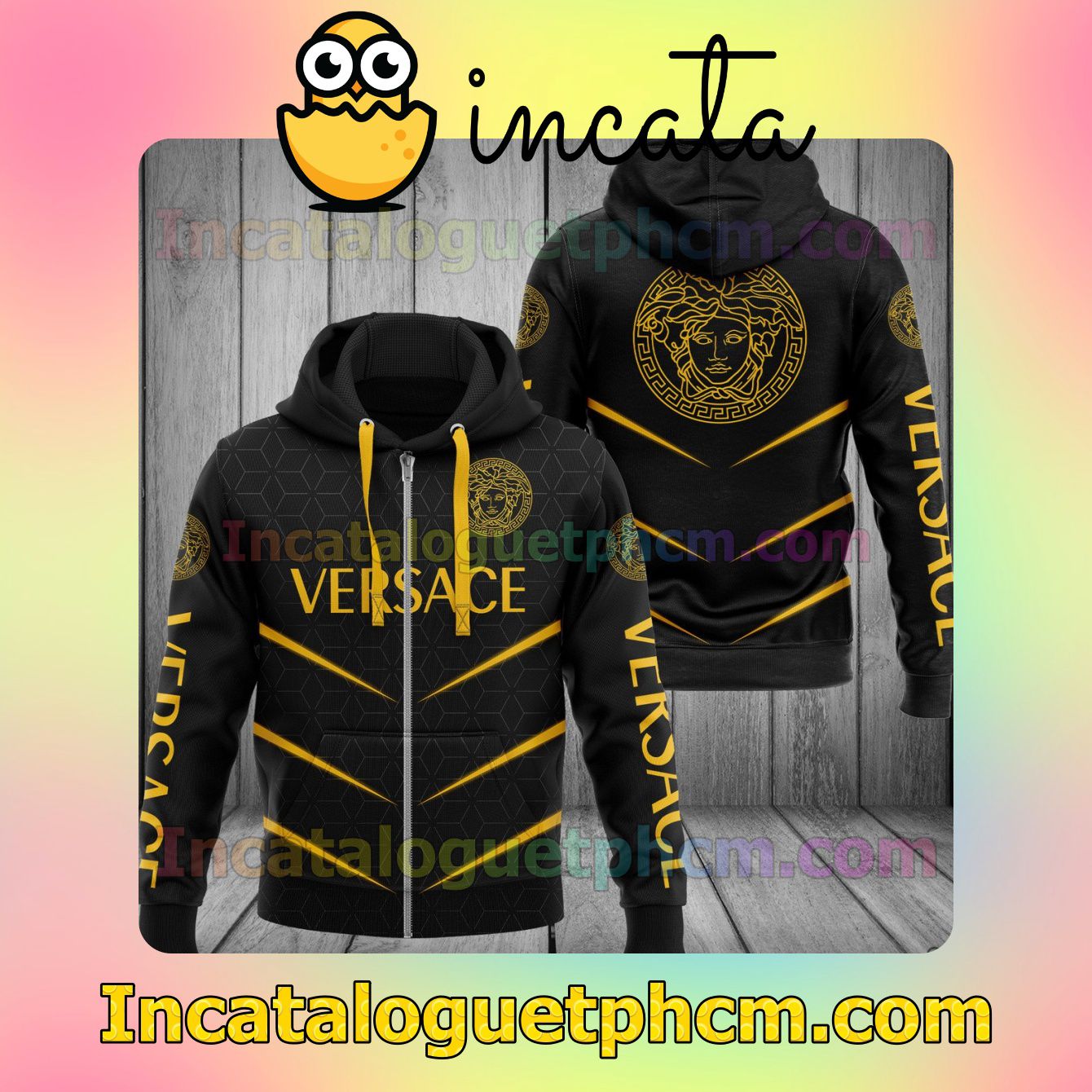 Discount Versace Brand Name And Logo Metro Rhombus Black Long Sleeve Jacket Mens Hoodie