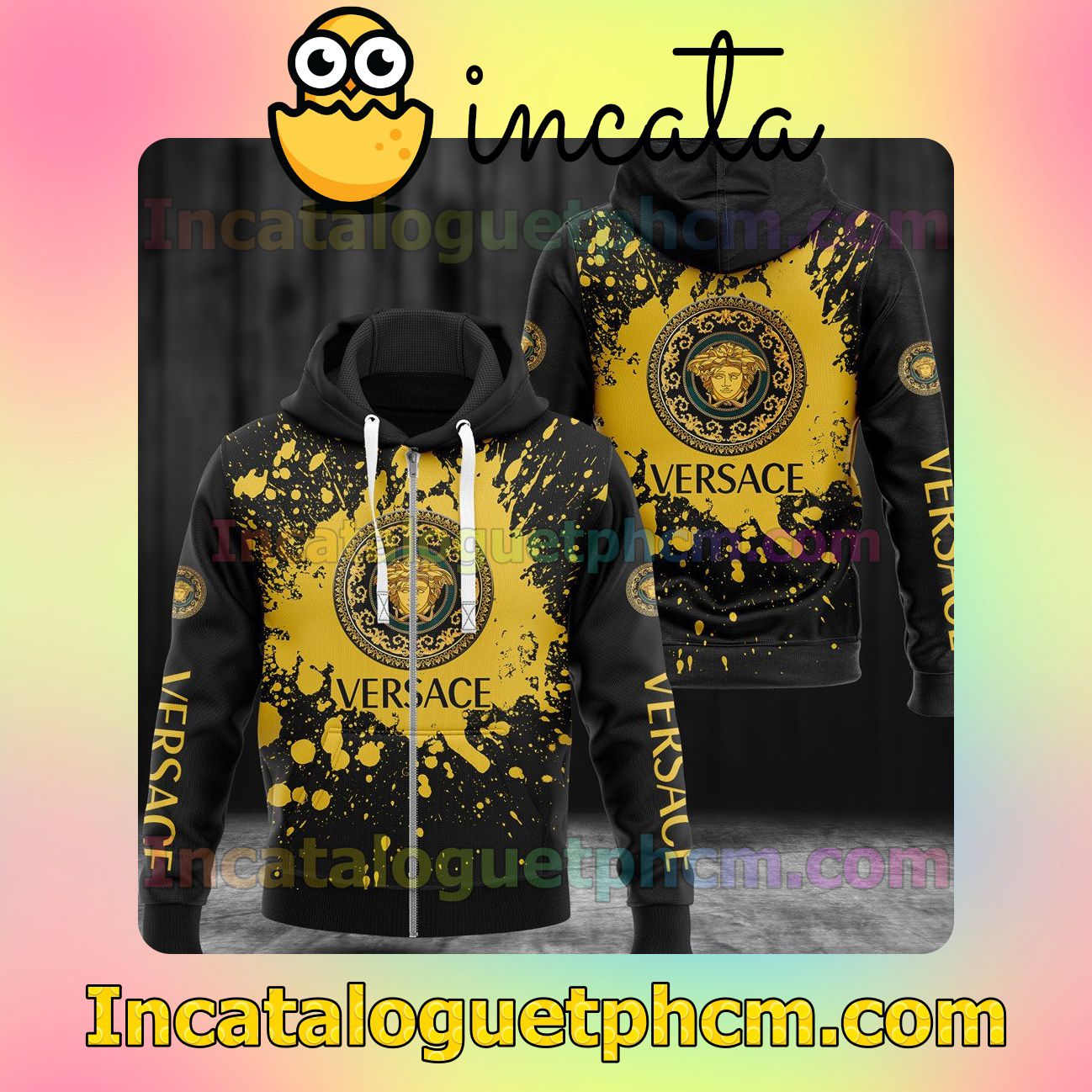 Versace Logo Center Yellow Splash Black Long Sleeve Jacket Mens Hoodie