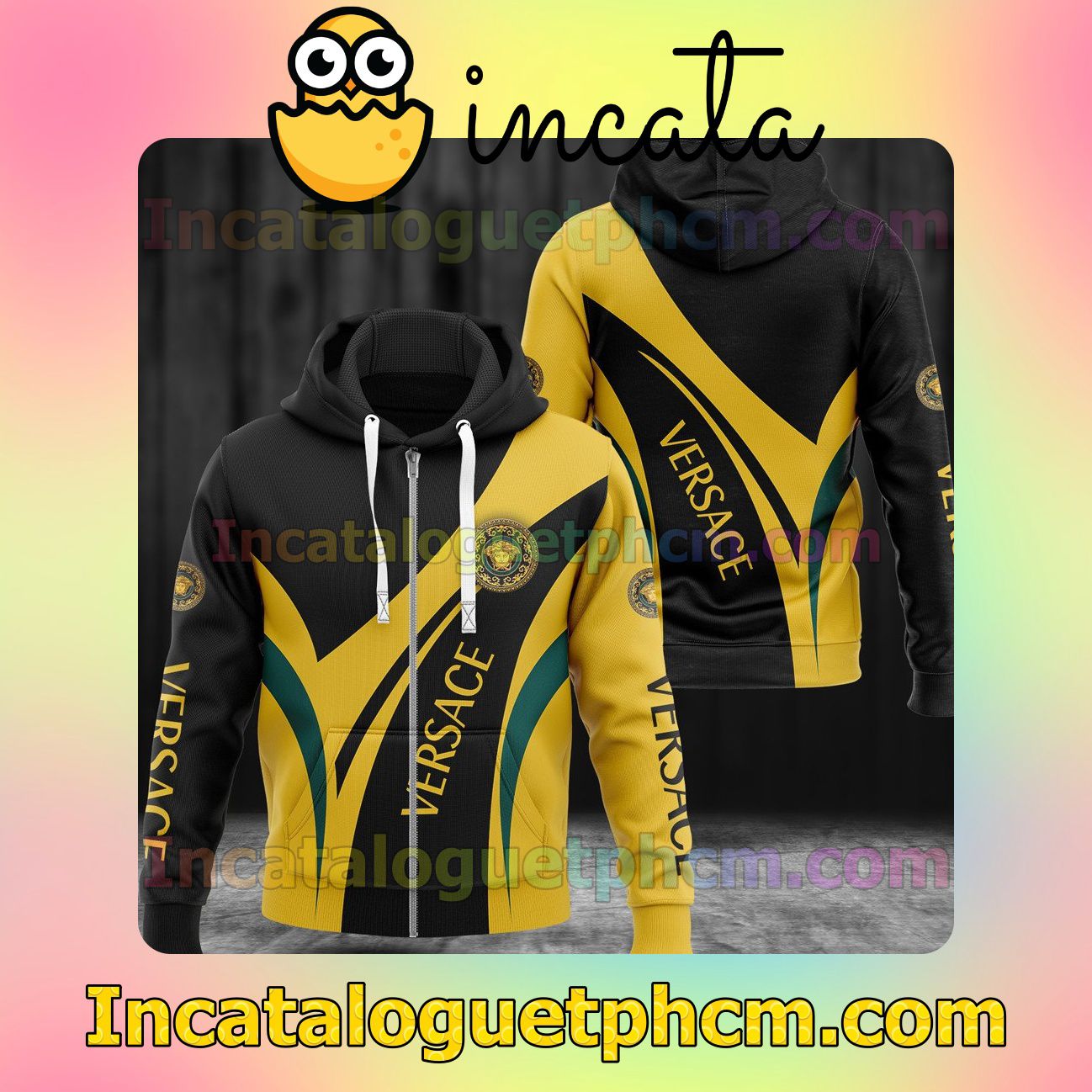  Ships From USA Versace Luxury Black Mix Yellow Curves Long Sleeve Jacket Mens Hoodie