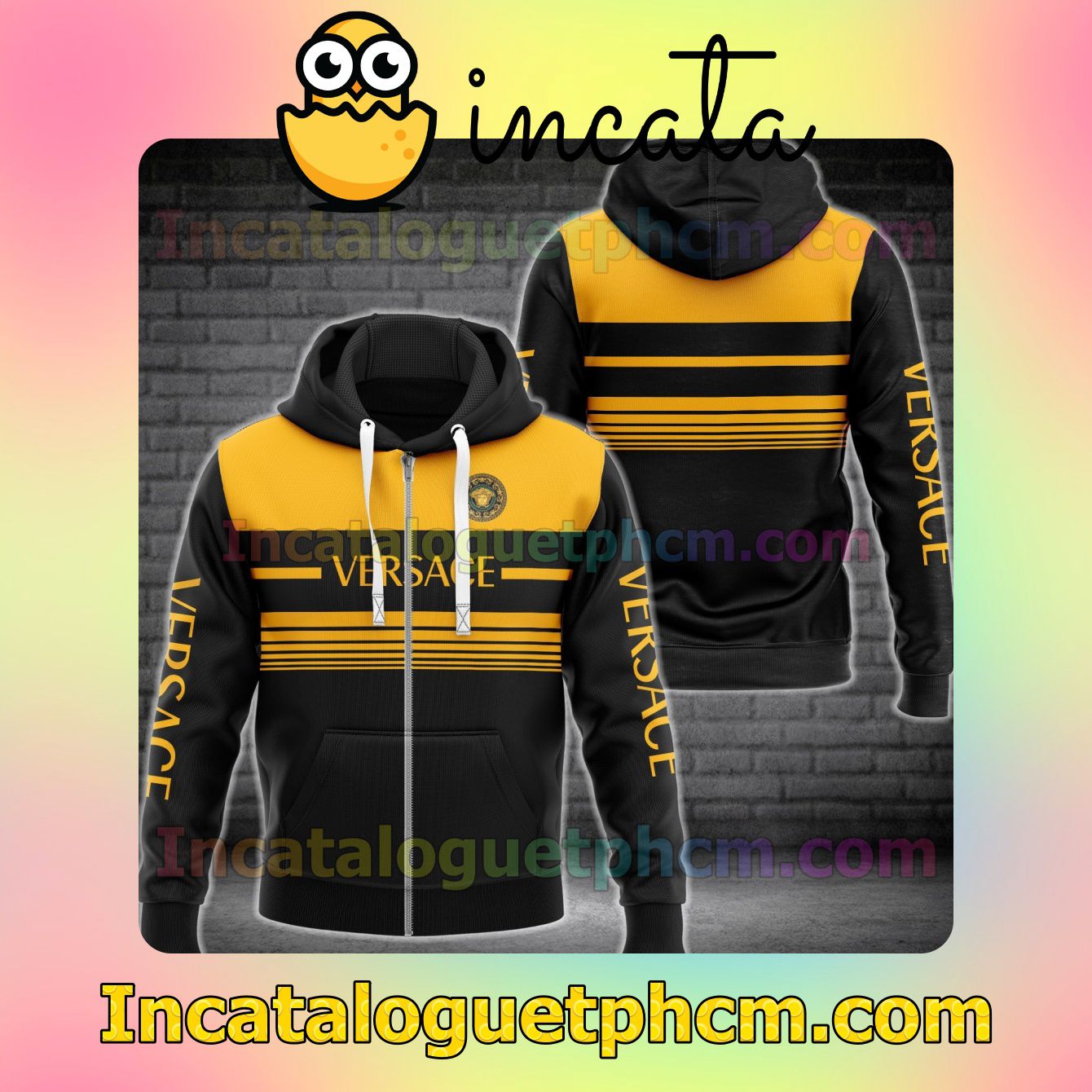 Versace Luxury Black With Yellow Horizontal Stripes Long Sleeve Jacket Mens Hoodie