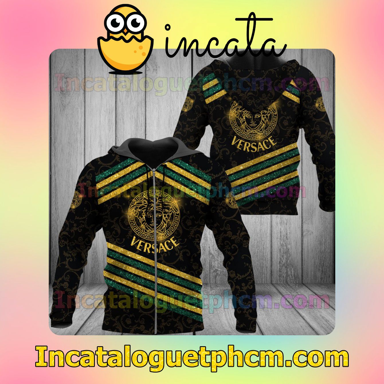 Versace Yellow And Green Glitter Stripes Long Sleeve Jacket Mens Hoodie