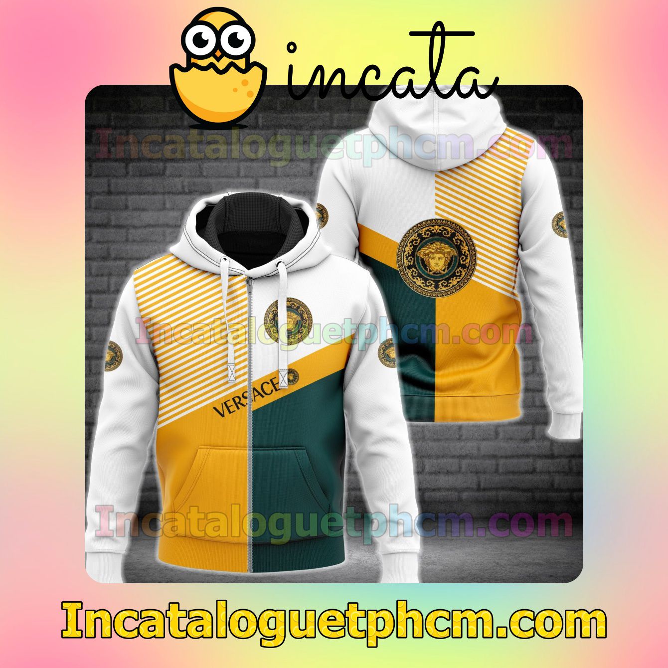 Versace Yellow Green And White With Diagonal Stripes Long Sleeve Jacket Mens Hoodie