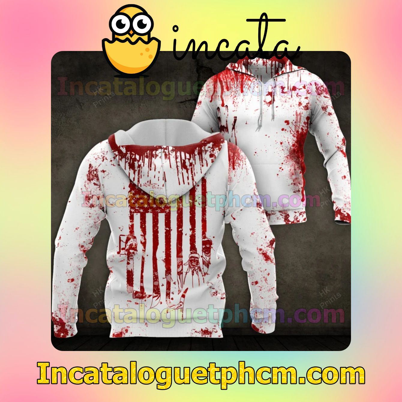 Halloween Horror American Flag Blood Stains Hooded Sweatshirt