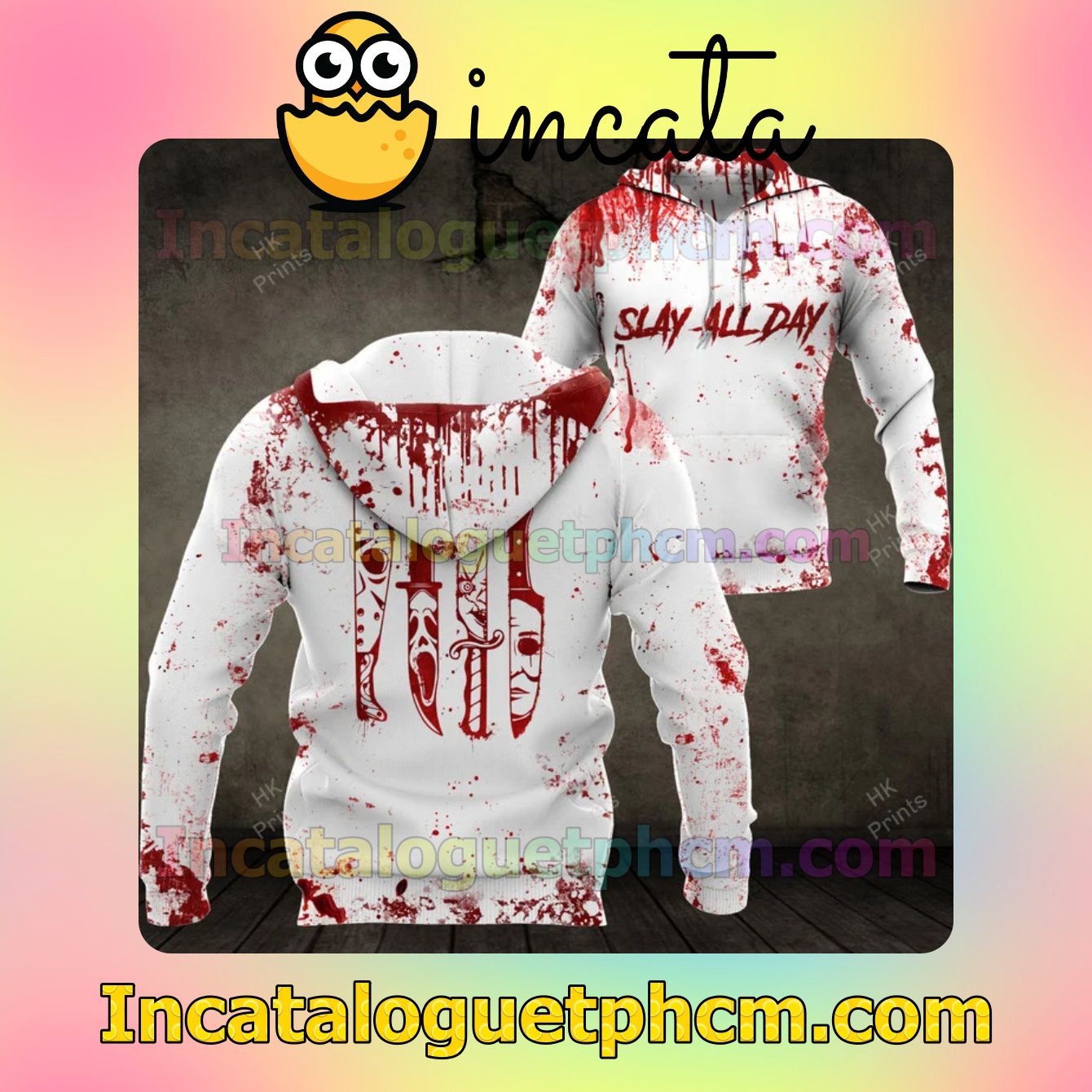 Top Rated Horror Characters Slay All Day Blood Stains Halloween Hooded Sweatshirt